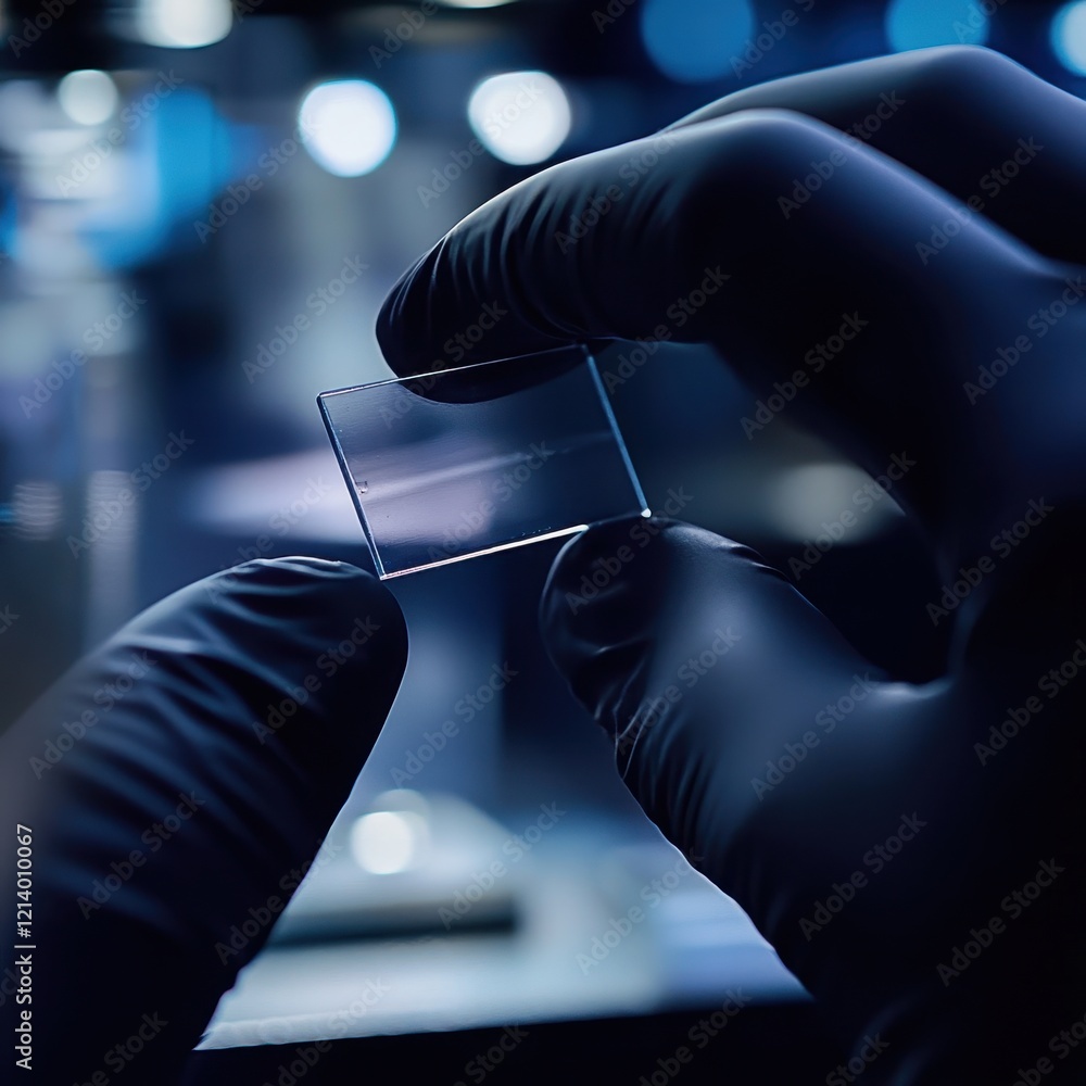 Poster close-up of gloved hands holding a clear microscope slide in a laboratory with blurred background.