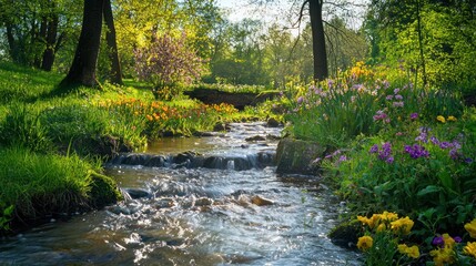 Obraz premium A vibrant spring nature scene with a flowing stream, flowers blooming, and birds singing in the trees