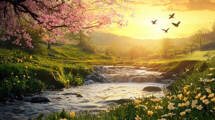 A vibrant spring nature scene with a flowing stream, flowers blooming, and birds singing in the tree