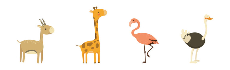 Funny African Animal and Wild Fauna Vector Set. Wildlife and Exotic Zoo Mammal of Savannah