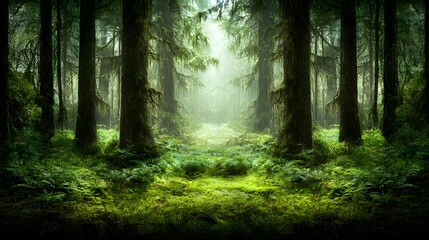 Obraz premium Enchanting forest pathway winding through a mysterious misty woodland landscape filled with towering evergreen trees lush undergrowth and a serene atmosphere of natural beauty and tranquility