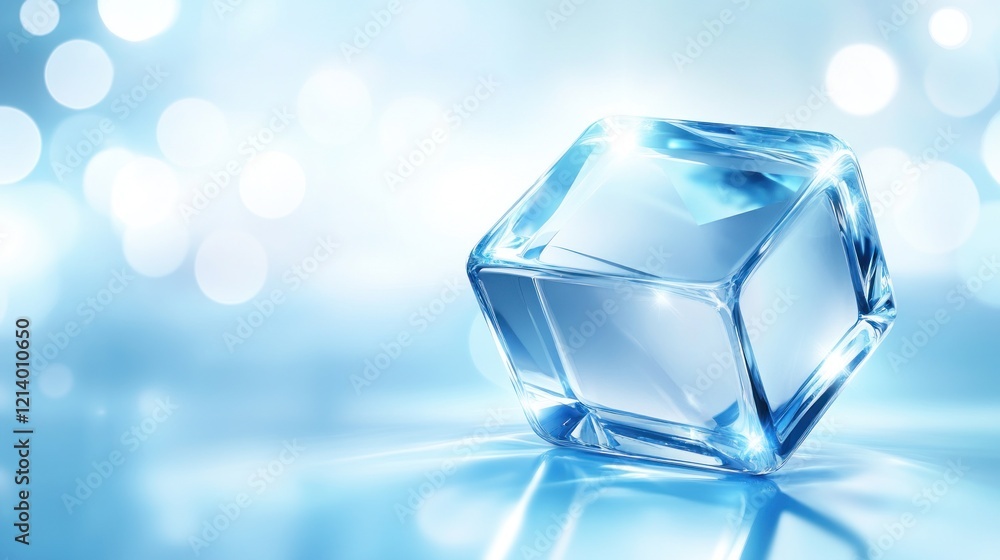 Poster a single ice cube reflects light on a blue background
