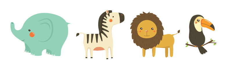 Funny African Animal and Wild Fauna Vector Set. Wildlife and Exotic Zoo Mammal of Savannah