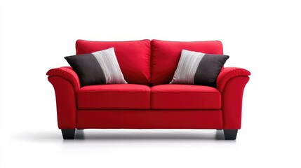 Fototapeta premium Red fabric two-seater sofa with decorative striped pillows isolated on a clean white background.