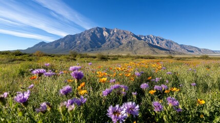 Wildflower meadow blooming beneath majestic mountain range on sunny day, used for travel brochures