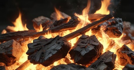 Closeup of burning material with crackling flames, flames, incandescence