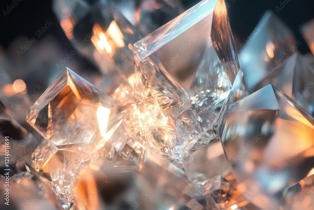 Poster macro close-up of abstract crystal clusters reflecting warm light, faceted geometric shapes.