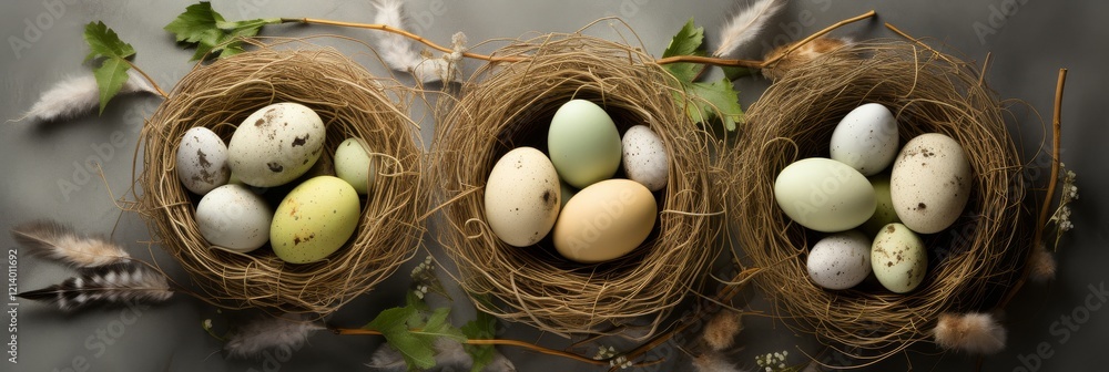 Poster nesting eggs in nature's embrace at dawn with soft textures and colors. generative ai