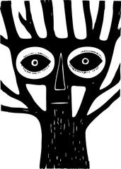 Tree with funny face, lino cut, lino print, black and white, transparent, isolated tree artwork with old wise tree, printmaking artwork, vector character inked