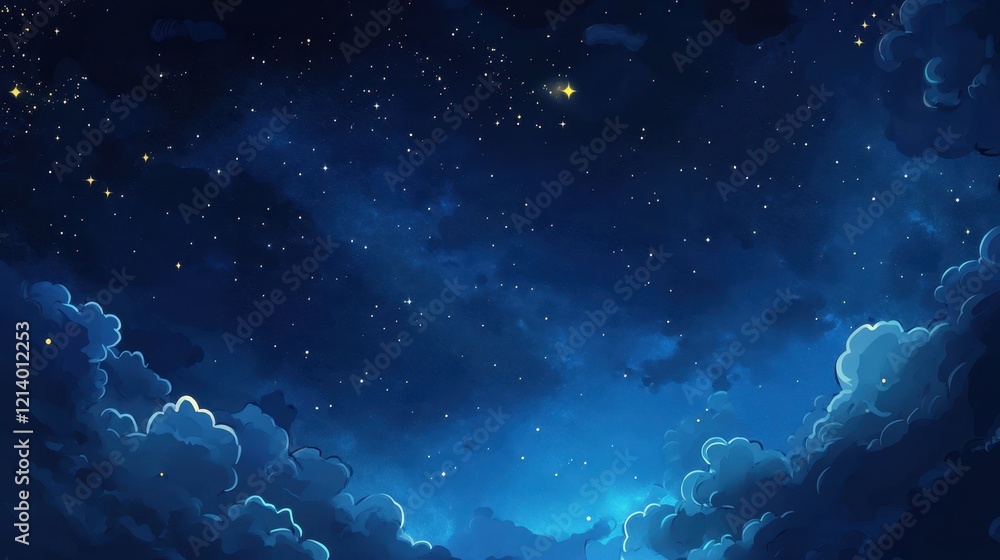 Wall mural dreamy night sky illustration with glowing stars and soft clouds in deep blues.