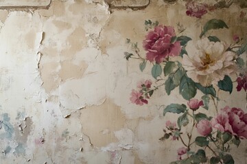Peeling paint, floral pattern on aged surface.