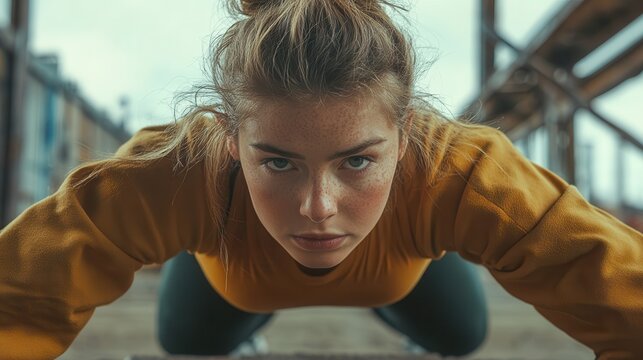 Focused athlete performing push-ups on urban stairs during a cloudy day, showcasing strength and determination. Generative AI
