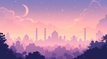 Arabian City Skyline Under a Crescent Moon and Stars