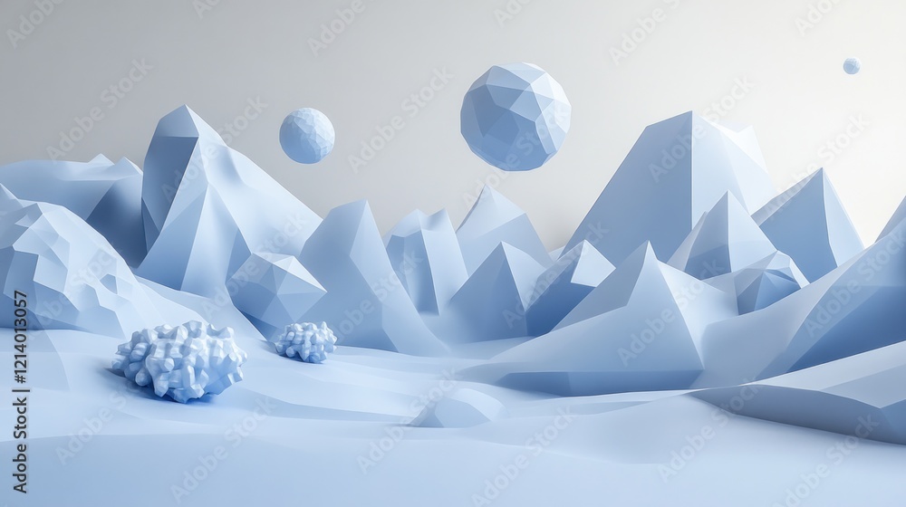 Poster abstract low poly landscape with floating spheres
