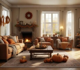 Cozy living room with Thanksgiving decorations, autumnal accents, cozy atmosphere