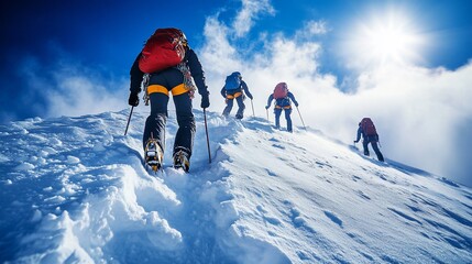 Mountaineers ascend snowy peak, teamwork, adventure.