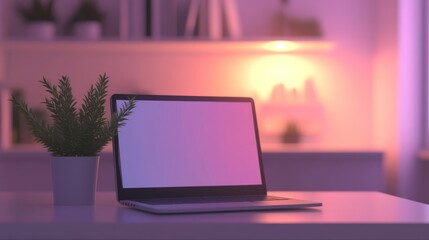 Laptop computer sits on a desk with a plant
