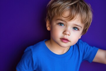 Naklejka premium Little boy in a blue shirt, posing on purple background.