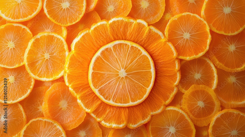 Poster bright sliced oranges arranged in a concentric pattern, top view.