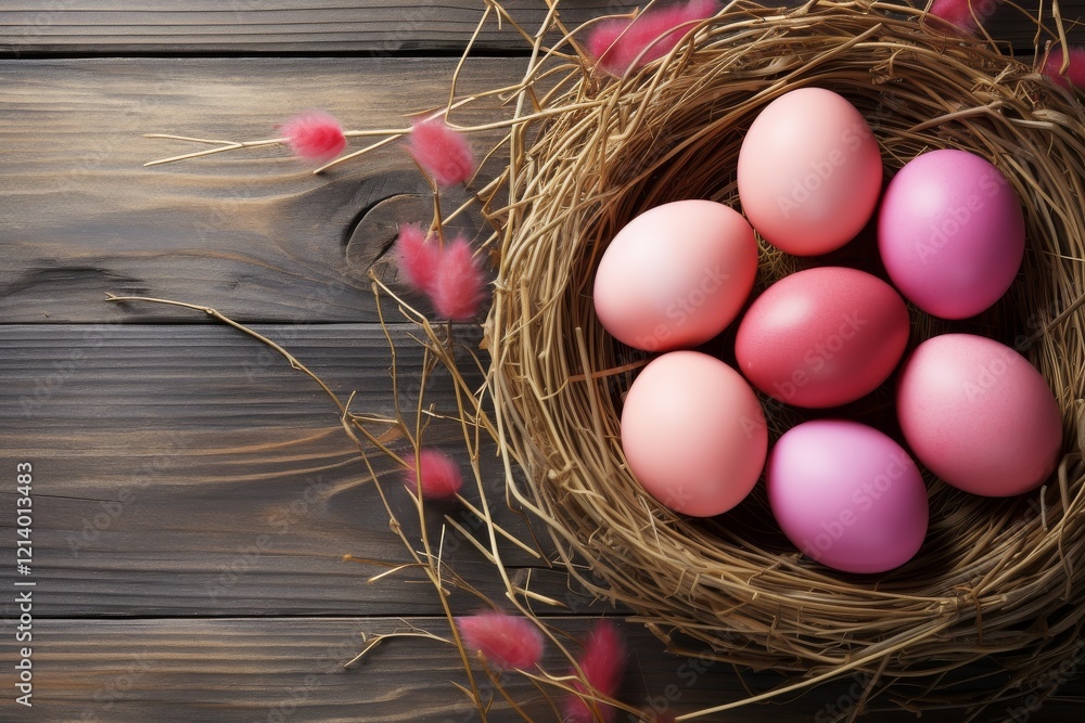 Poster brightly colored eggs nestled in a rustic nest on a wooden surface. generative ai