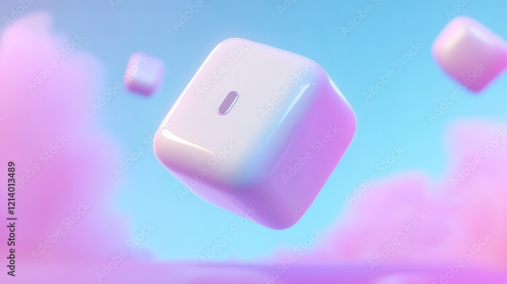 Poster a single iridescent cube floats in a pastel sky
