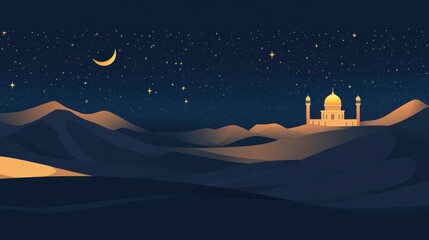 Naklejka premium Nighttime Desert Mosque Under Starlit Sky