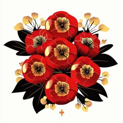Stylized Bouquet of Red Flowers with Gold Accents