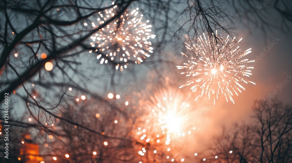 Poster mesmerizing fireworks display through winter tree branches at dusk.
