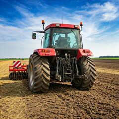 Obraz premium tractor in agricultural field. Rear view of a large tractor of red color standing in a field. Start tillage after harvest. farming concept.