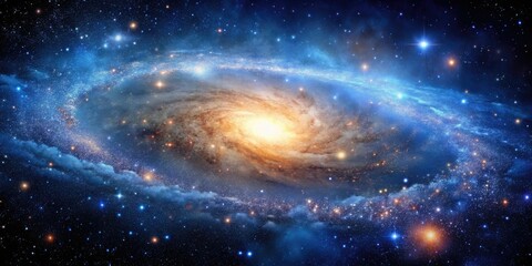 Deep space galaxy background with numerous stars and a bright central cluster of galaxies, gravitational waves, extraterrestrial