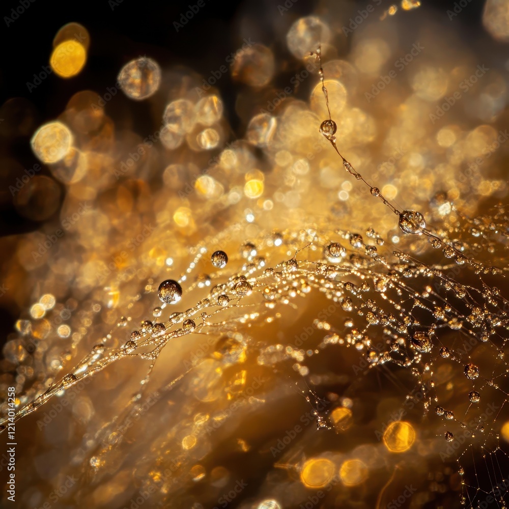 Aufkleber golden dew drops on spiderweb macro shot with bokeh lights.