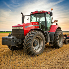 Obraz premium tractor in agricultural field. Rear view of a large tractor of red color standing in a field. Start tillage after harvest. farming concept.