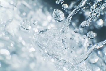 Water splash, droplet impact, close-up, background blur, purity