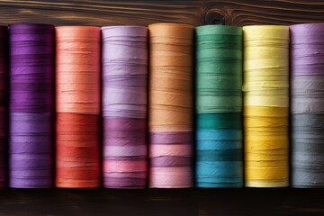 Colorful spools of ribbon arranged artfully on a wooden surface. Generative AI