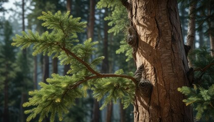 Obraz premium Detailed branch of Cedrus atlantica with thickened bark, plant details, tree branch, woody stem