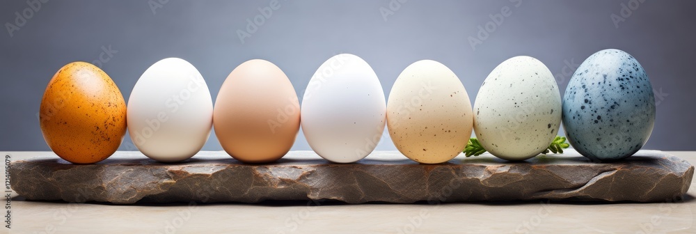 Poster colorful collection of eggs displayed on a rustic stone slab. generative ai