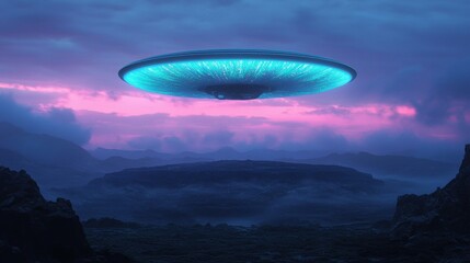Enormous alien spaceship hovers over a vibrant glowing purple and orange dusk landscape