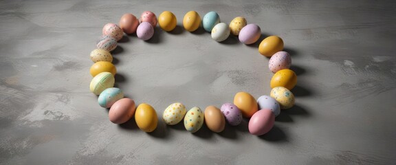Easter eggs arranged in a circle on grey concrete, festive, Easter, circle