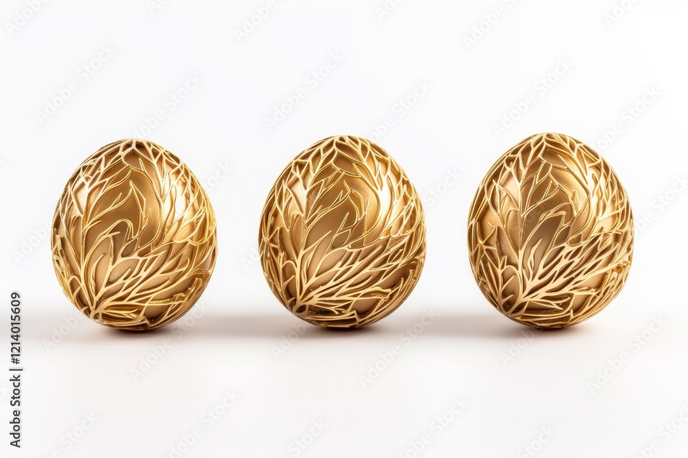 Poster intricate golden eggs with elegant leaf patterns displayed on a white surface. generative ai