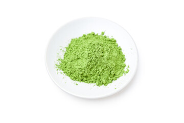 Top view of Green tea powder on white plaete isolated on white background.
