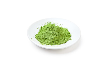 Green tea powder on white plaete isolated on white background.