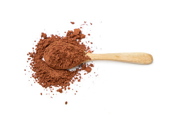 Top view of Cocoa powder on wooden spoon and scattered isolated on white background.