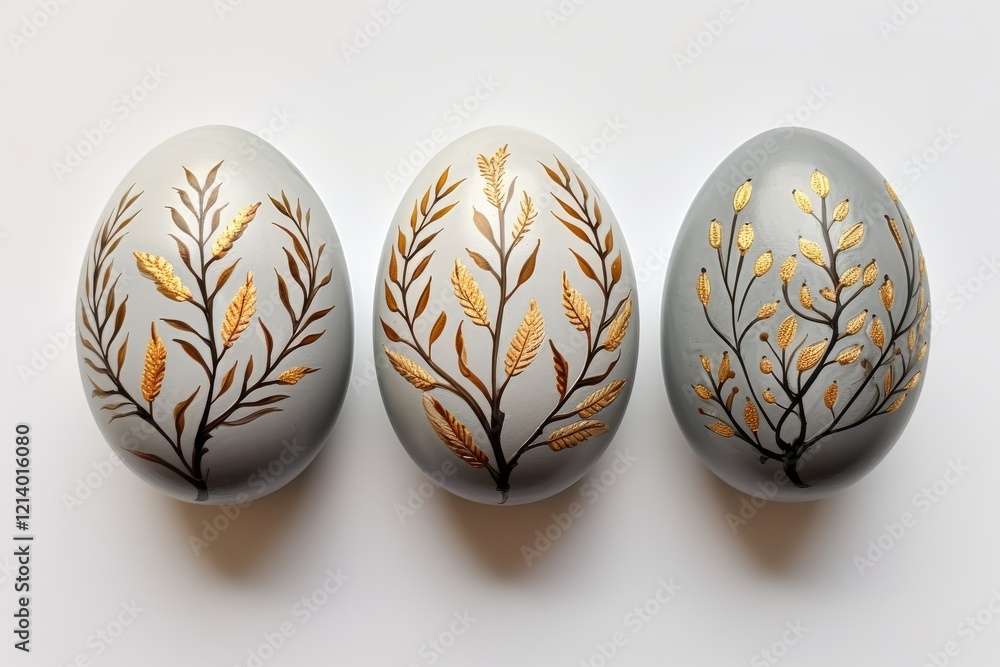 Poster elegant decorative eggs adorned with golden botanical patterns in spring hues. generative ai