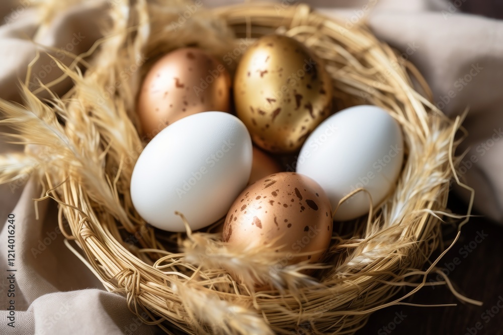 Poster colorful eggs nestled in a rustic basket create festive spring cheer. generative ai