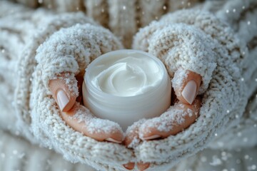 Wintertime Dry Skin Relief Nourishing Hand Cream: A Hydrating Skincare Product Housed in Snow-Covered Knitted Gloves. Generative Ai