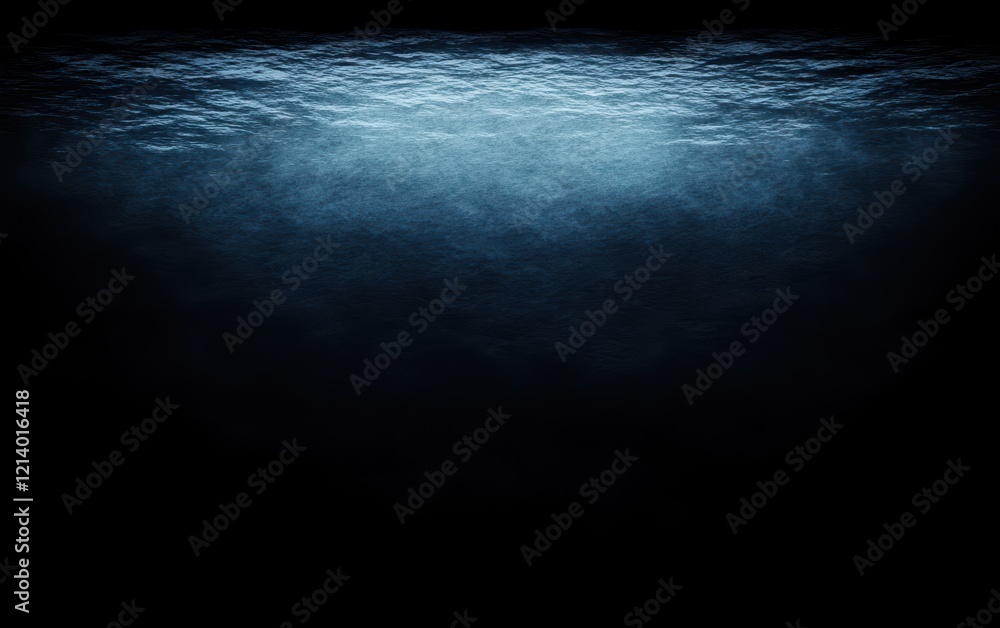 Poster abstract underwater texture with light breaking through the surface in deep dark ocean.