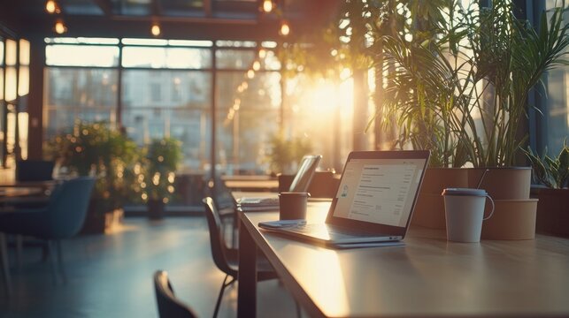 Laptop emails cafe sunrise workspace morning