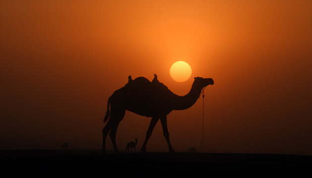 silhouette of camel in desert with full moon.