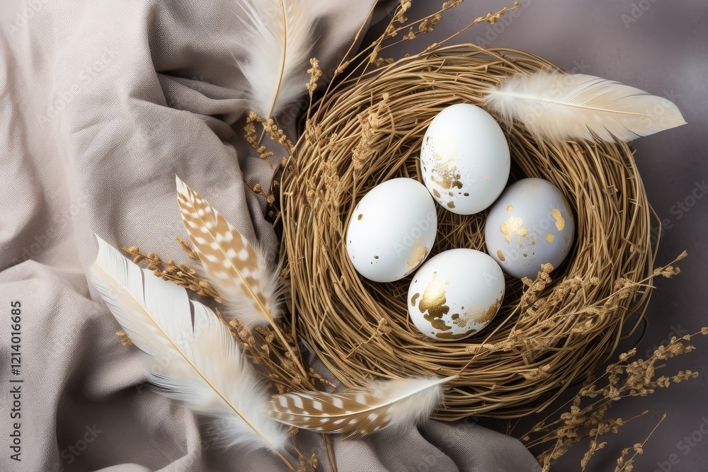 Poster nest of elegantly decorated eggs surrounded by soft feathers and delicate blooms. generative ai