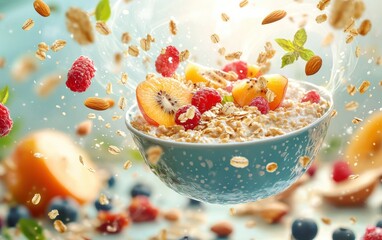 A bowl of hot oatmeal with fruits and nuts flying around, on a cozy breakfast-themed background.